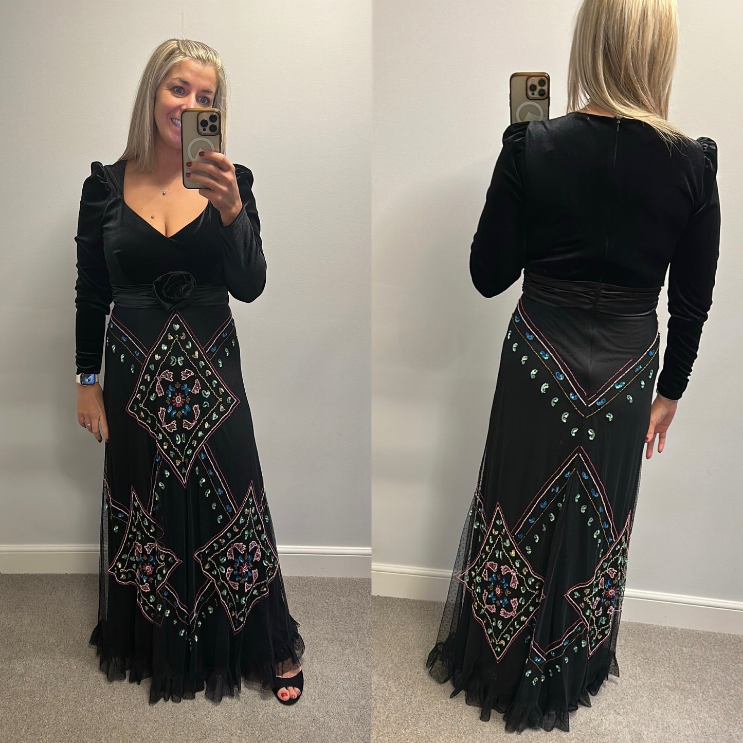 Monsoon black velvet embellished sequin sparkly dress size 14