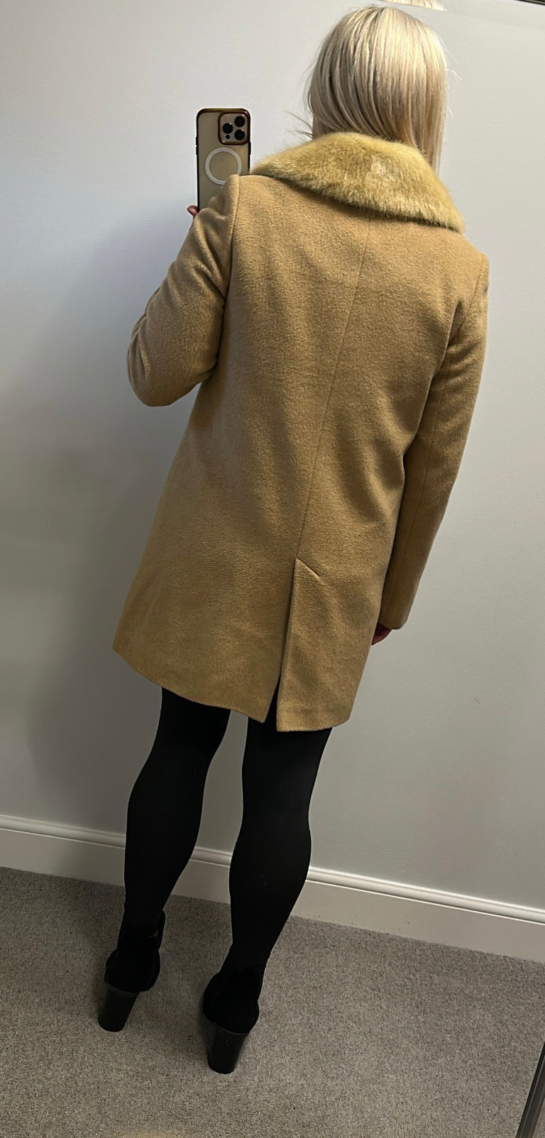 John Lewis tan wool jacket with removable faux fur collar size 10