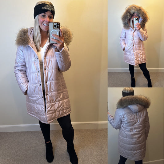 Feeme blush pink fur trim jacket size L would fit upto size 16