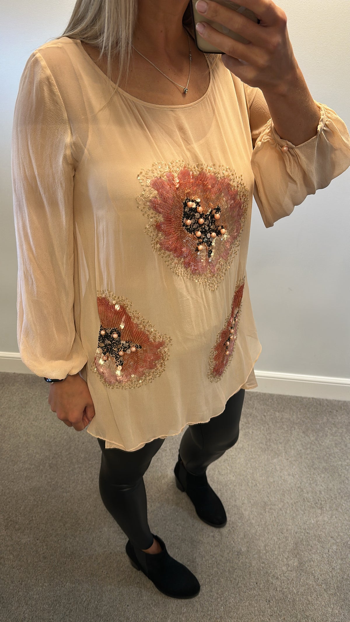 Peruna Peach embellished pure silk top size 16
