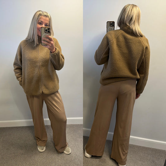 Cider tan wide leg trousers with elasticated waist size S fitting upto size 14