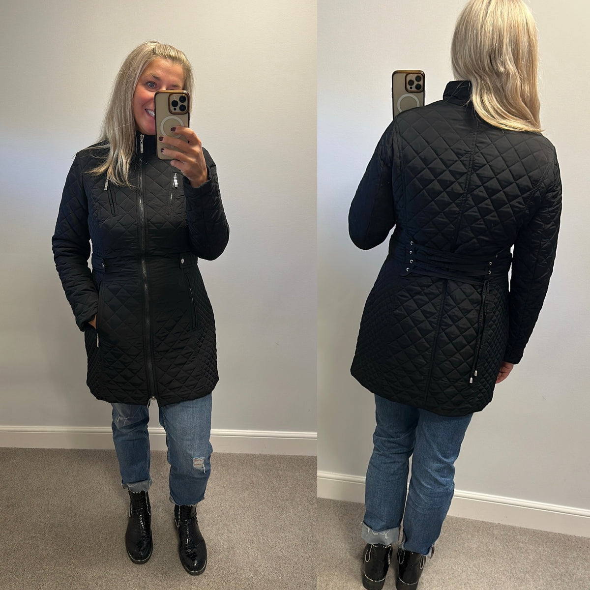 Patrizia Dini black diamond quilted mid length zip up jacket size 12 also available in beige