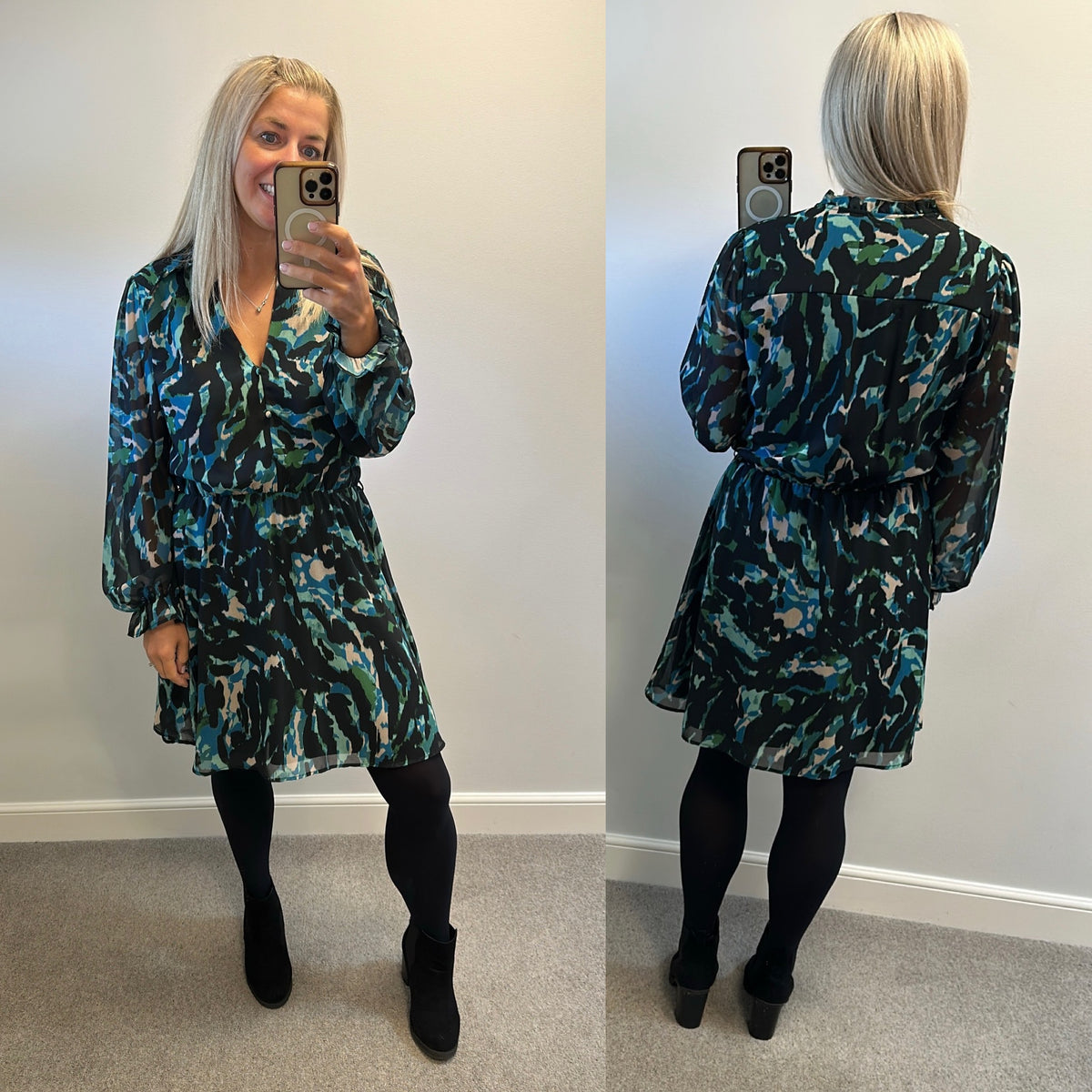 Love & roses, green and blue print dress size 14